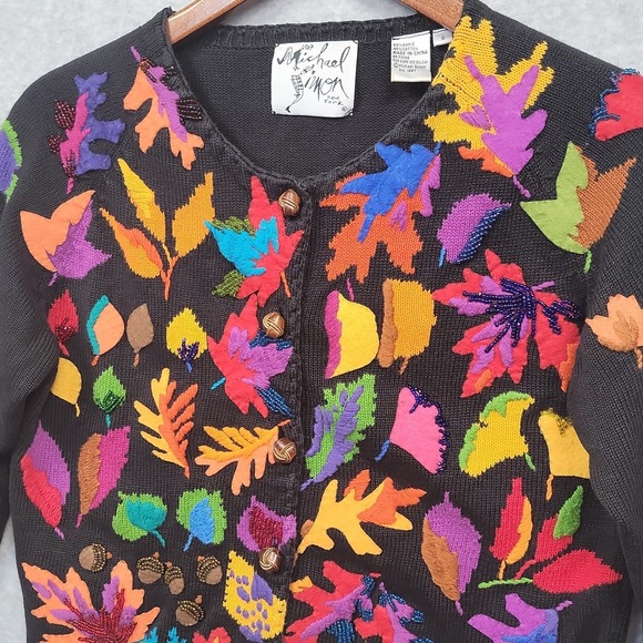Michael Simon Sweaters - Vintage MICHAEL SIMON Cardigan Sweater Sz S Fall Leaves Acorns Beads Embroidered